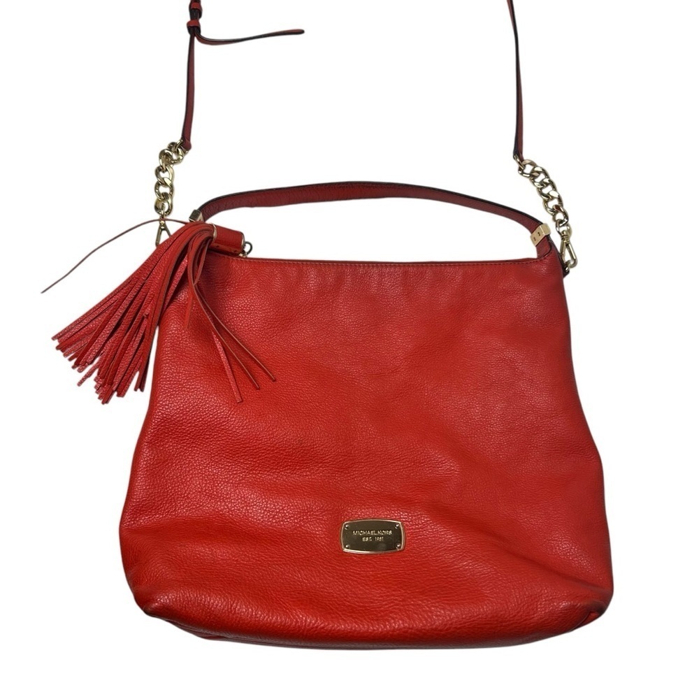 Michael Kors Hobo Bag Orange Red Soft Pebbled Leather with Tassel Large 2 Straps - Picture 2 of 15